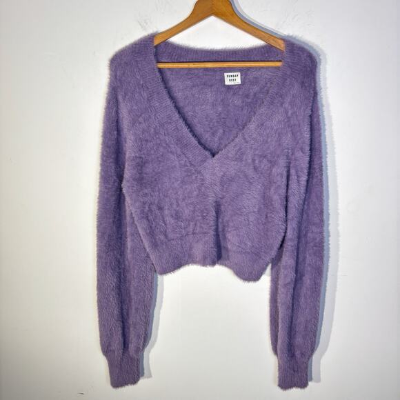 Sunday Best Aritzia Sweater Size Large Cropped Top Kitten V-Neck Pullover Fuzzy - Picture 1 of 6